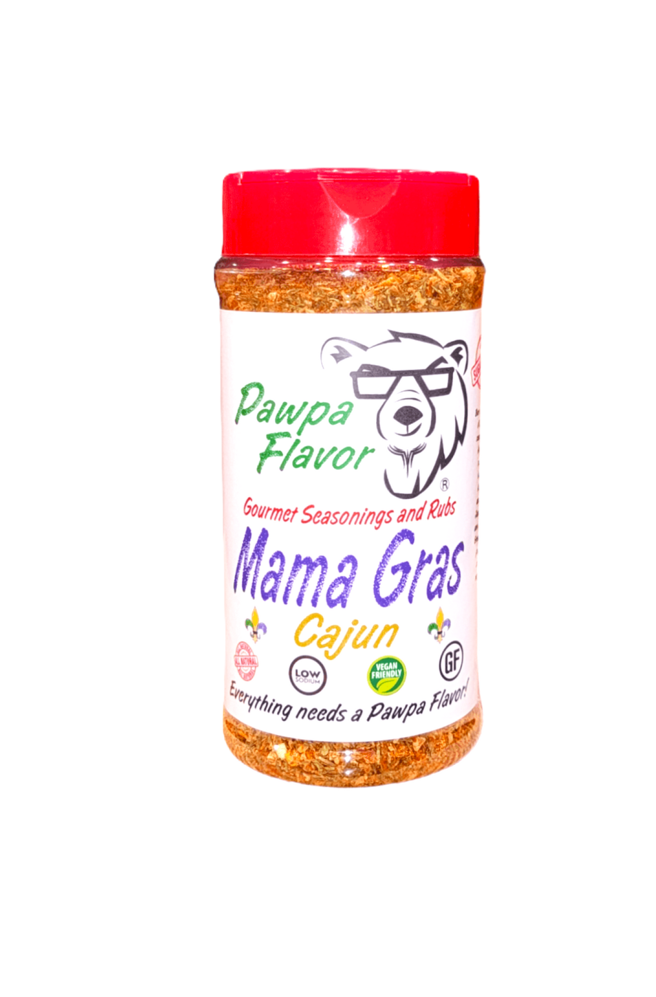 Jar of Pawpa Flavor Mama Gras Cajun seasoning on a white background