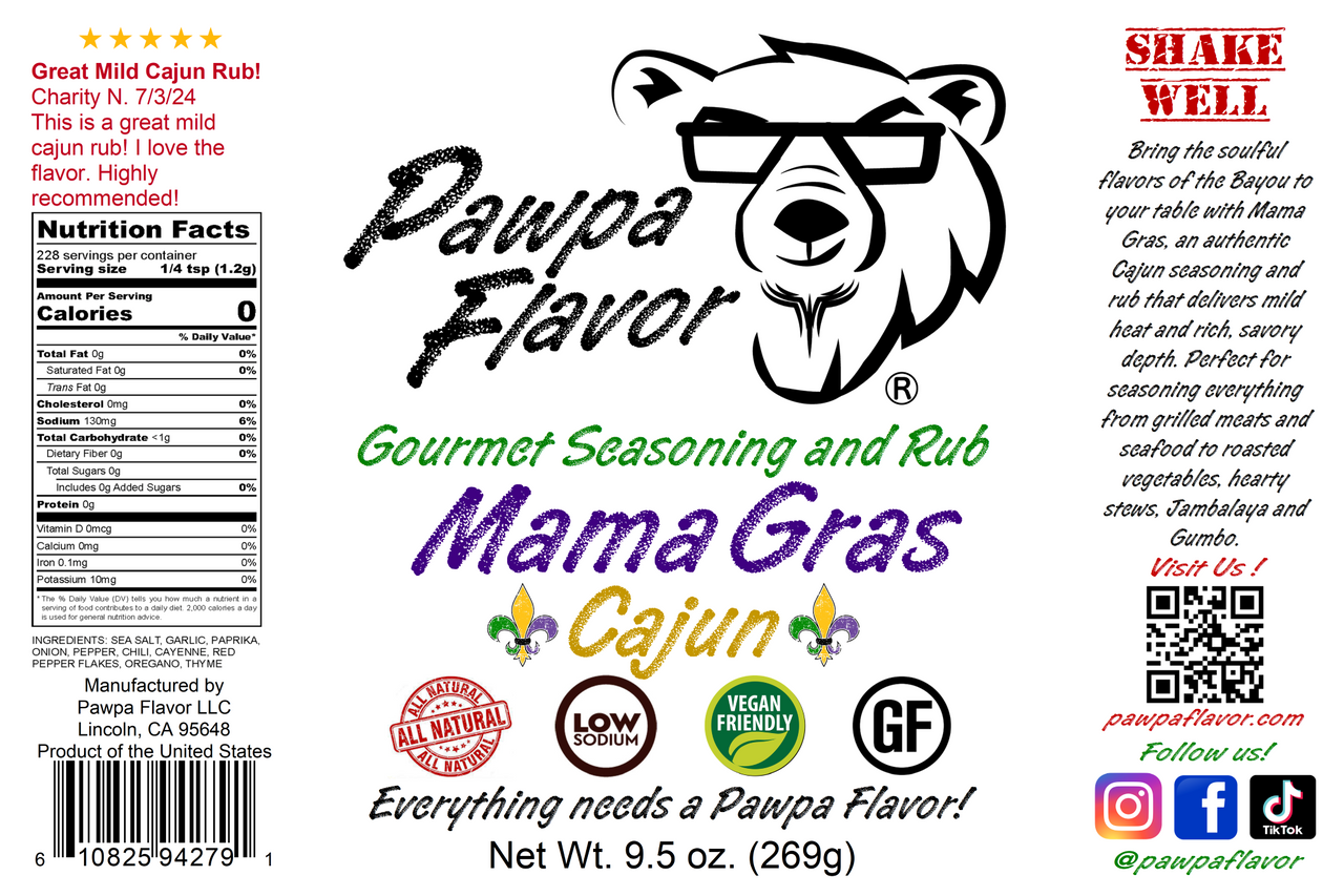 Pawpa Flavor Mama Gras Cajun seasoning label with bear logo and product details on a white background.