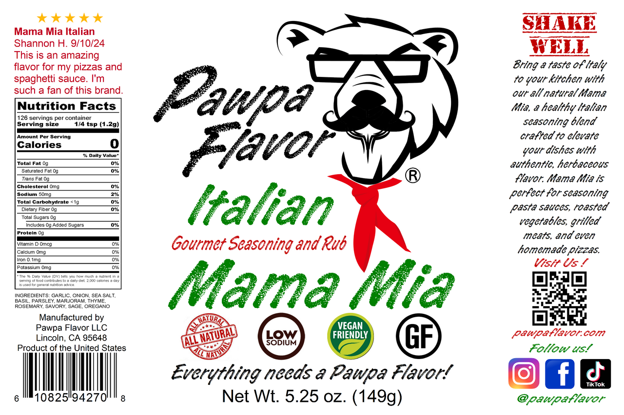 Mama Mia Italian Gourmet Seasoning and Rub label with branding and product details.
