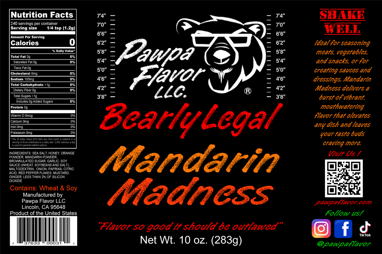 Product label for 'Pawpa Flavor LLC Bearly Legal Mandarin Madness' with bear graphic and text on a black background.