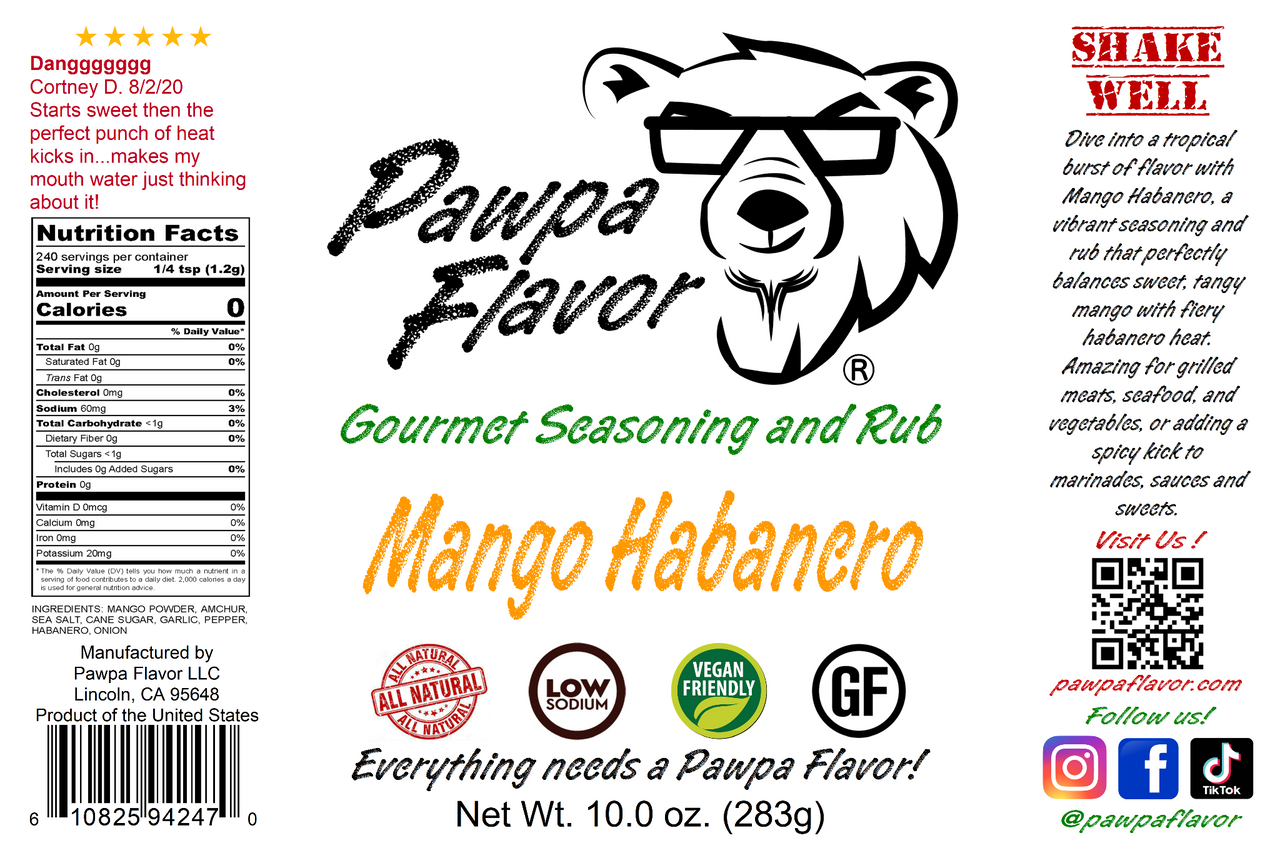 Pawpa Flavor Mango Habanero seasoning and rub label with bear graphic and product details.
