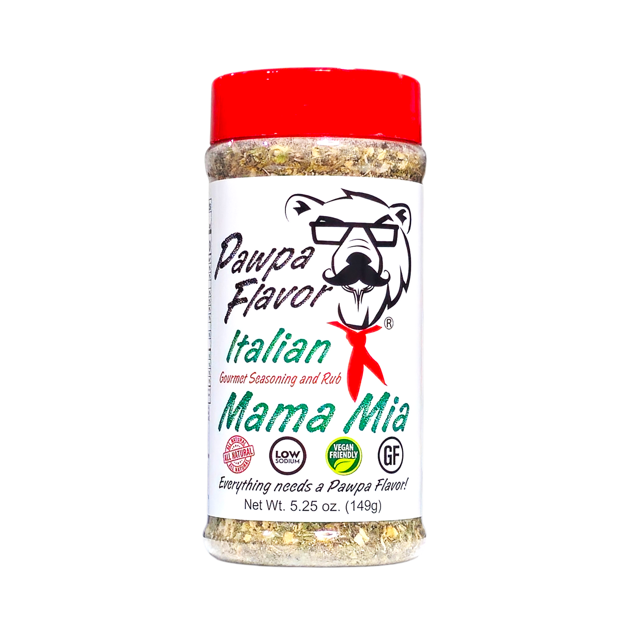 Pawpa Flavor Mama Mia Italian gourmet seasoning and rub bottle with red cap, featuring a savory Italian herb blend that is low sodium, vegan friendly, gluten free, and ideal for pasta, chicken, vegetables, pizza, and Mediterranean-inspired cooking.