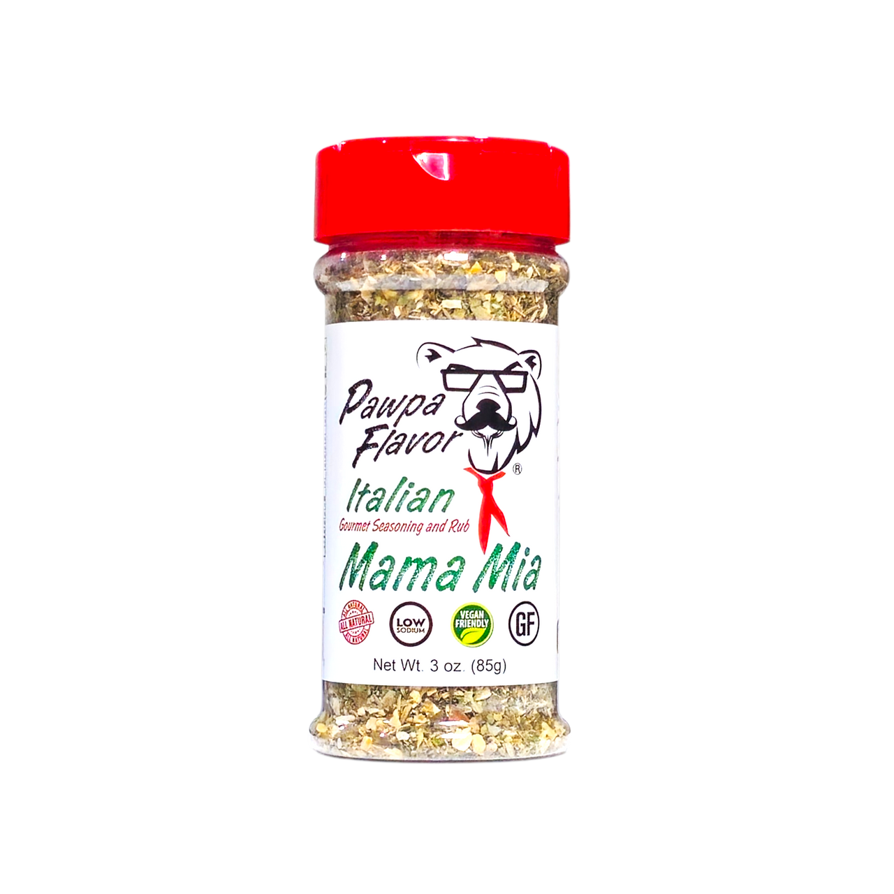 Pawpa Flavor Mama Mia Italian gourmet seasoning and rub bottle with red cap, featuring a savory Italian herb blend that is low sodium, vegan friendly, gluten free, and ideal for pasta, chicken, vegetables, pizza, and Mediterranean-inspired cooking.