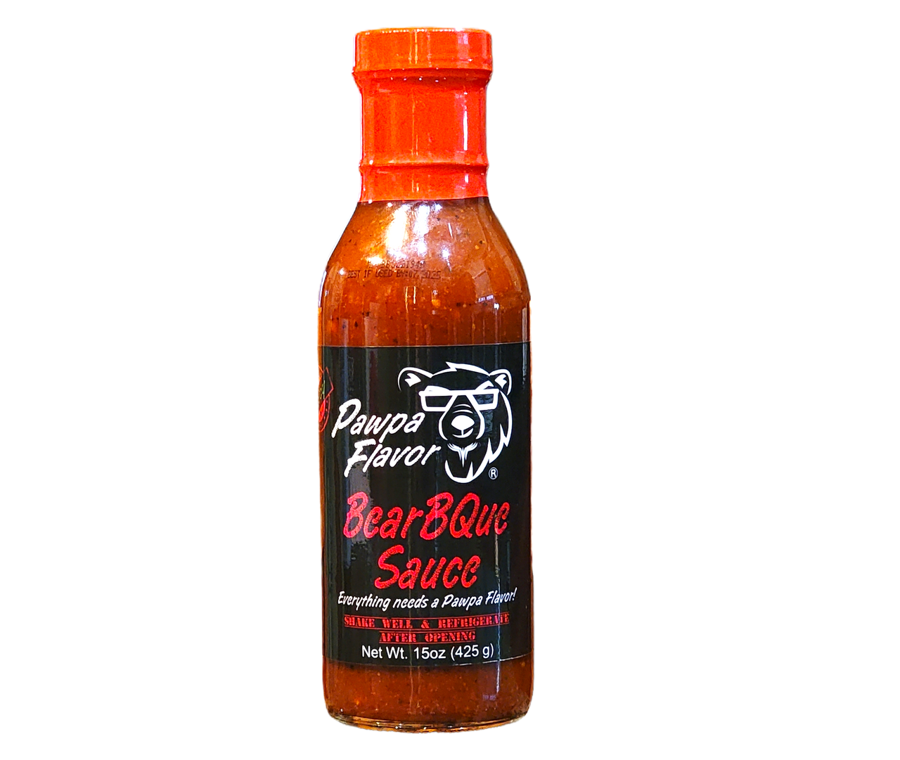 Bottle of Pawpa Flavor BearBQue Sauce with red cap on a white background