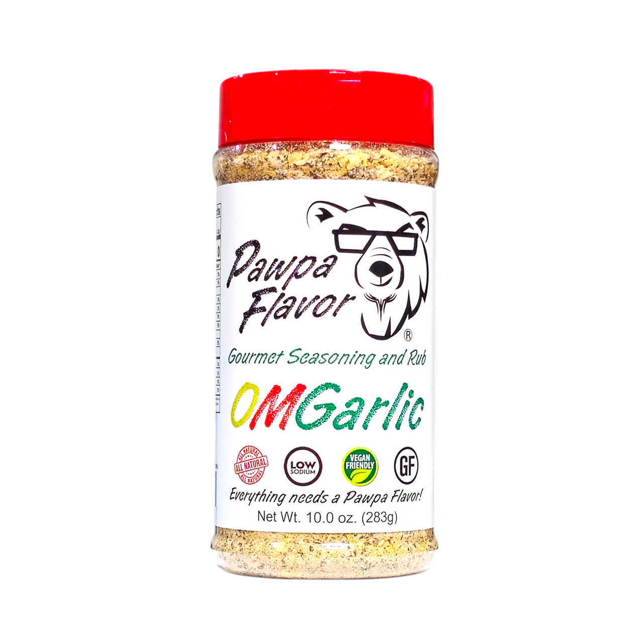 Bottle of Pawpa Flavor OMGarlic seasoning in signature packaging, a bold garlic-forward all-purpose spice blend