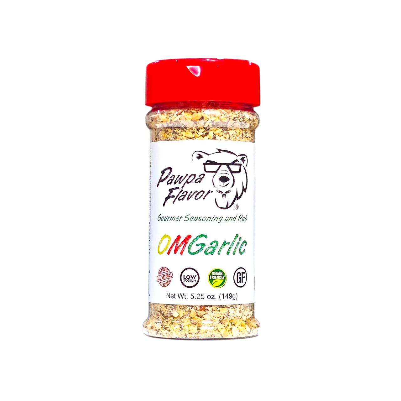 Bottle of Pawpa Flavor OMGarlic seasoning in signature packaging, a bold garlic-forward all-purpose spice blend