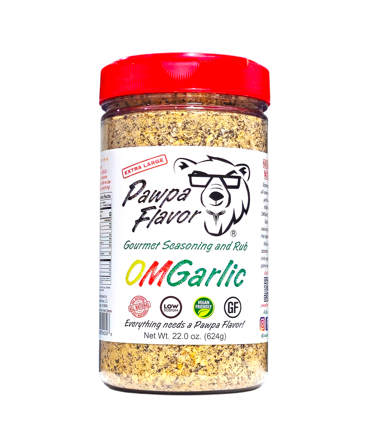 Bottle of Pawpa Flavor OMGarlic seasoning in signature packaging, a bold garlic-forward all-purpose spice blend
