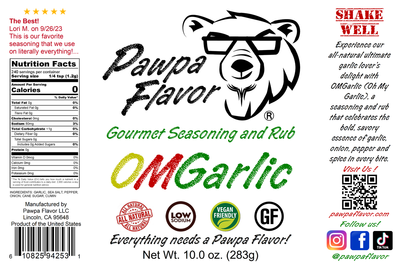Pawpa Flavor OMGarlic seasoning and rub label with bear graphic and product details.