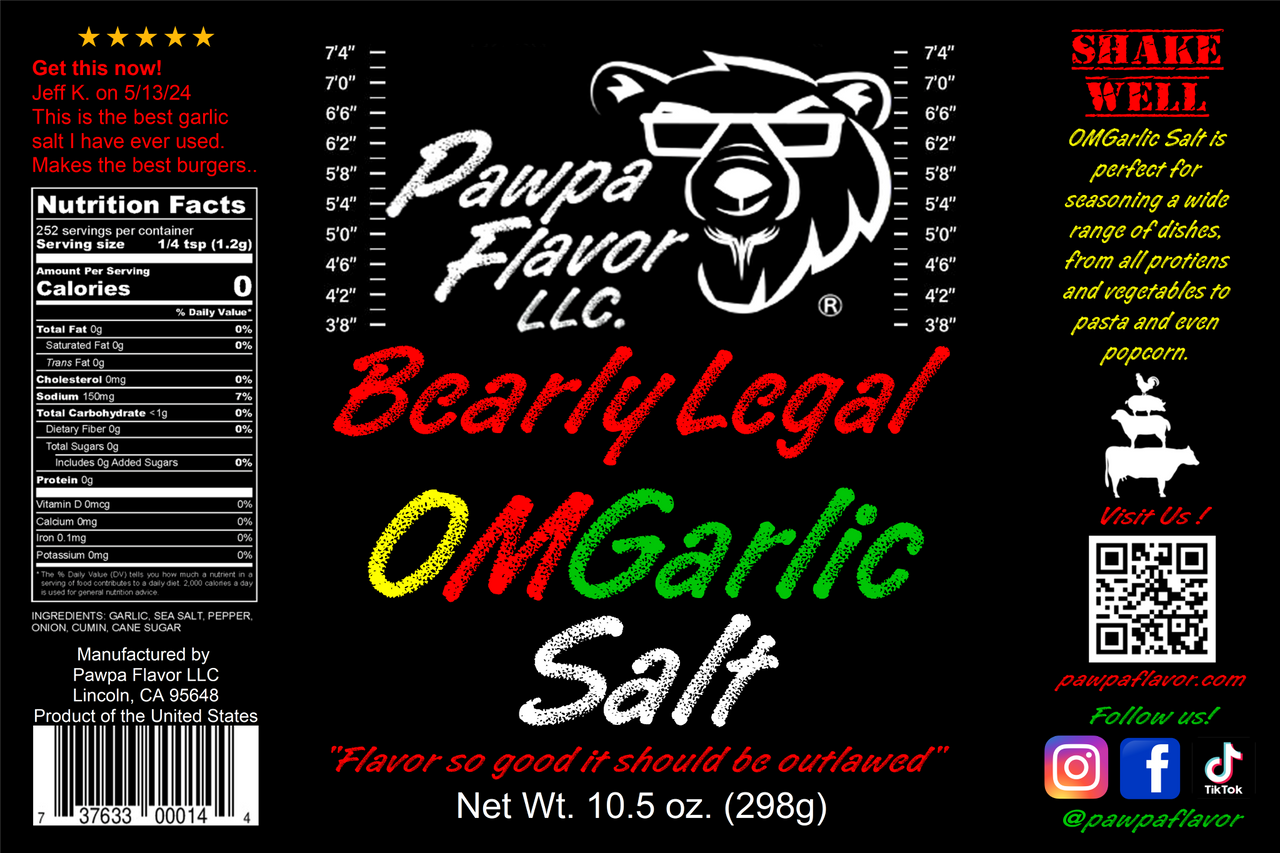 Label for Pawpa Flavor LLC Bearly Legal OMGarlic Salt with bear graphic and text on a black background.