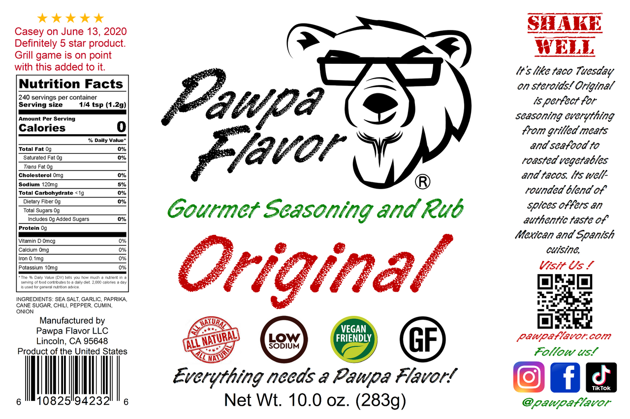 Pawpa Flavor Original seasoning and rub label with bear graphic and product details.