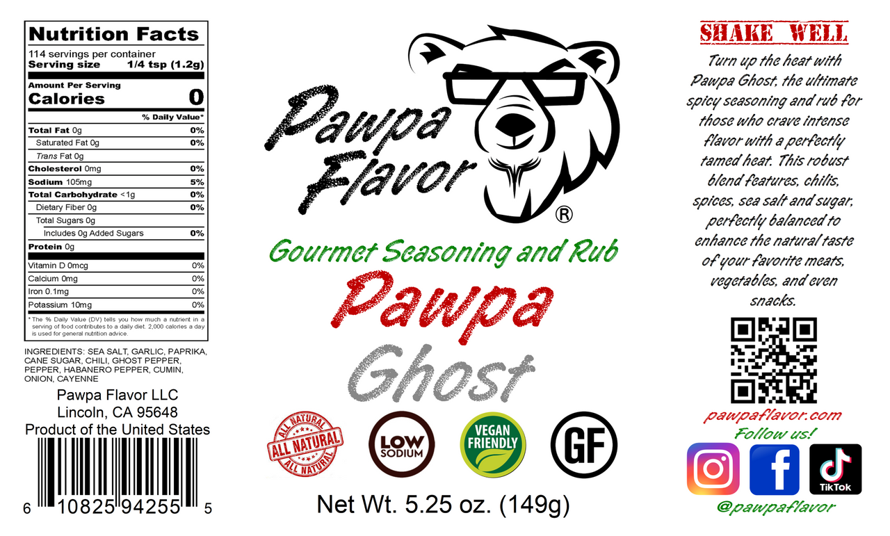 Pawpa Flavor Pawpa Ghost Gourmet Seasoning and Rub label with bear graphic and branding elements.