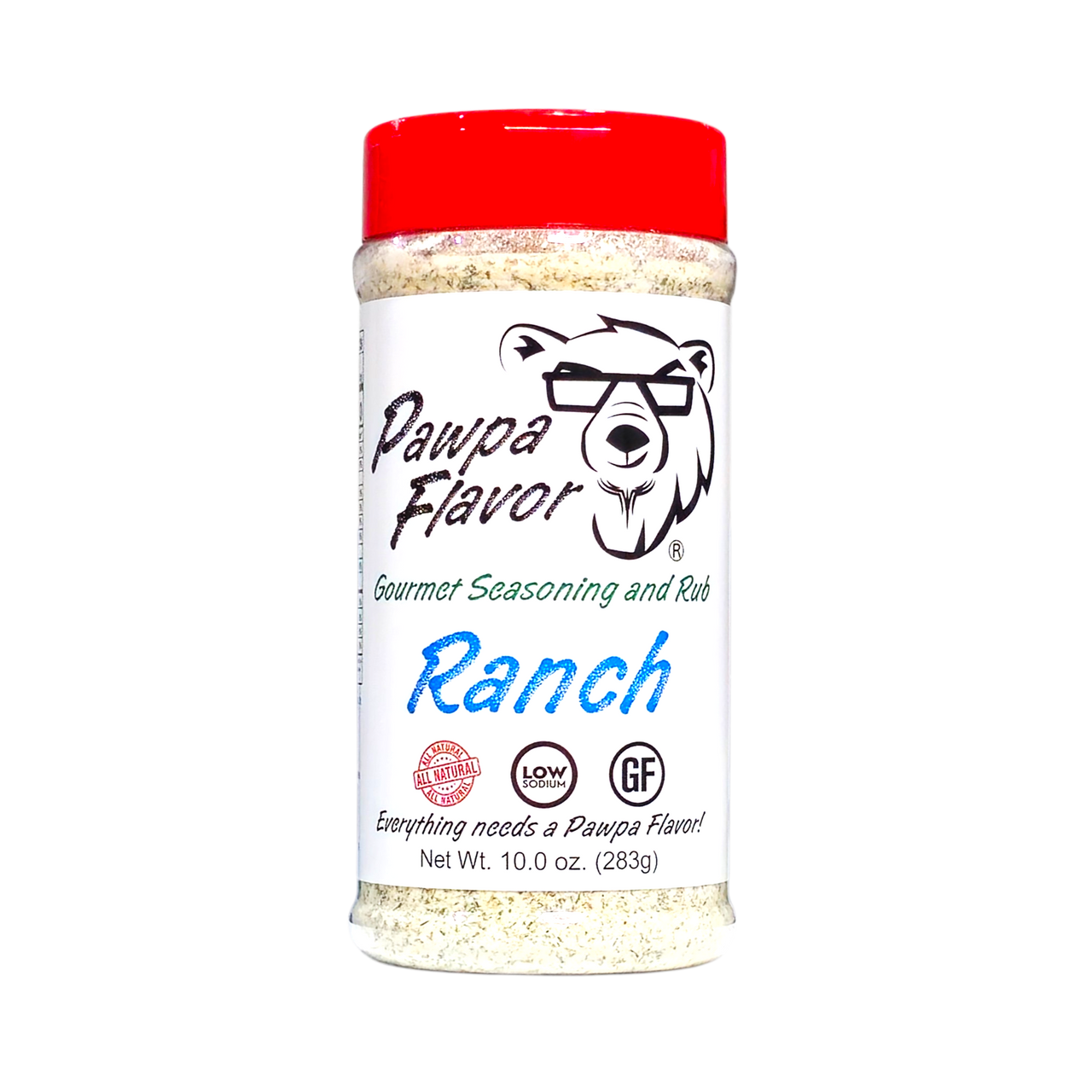 A bottle of Pawpa Flavor Ranch seasoning with a red cap and a label featuring a bear's face.