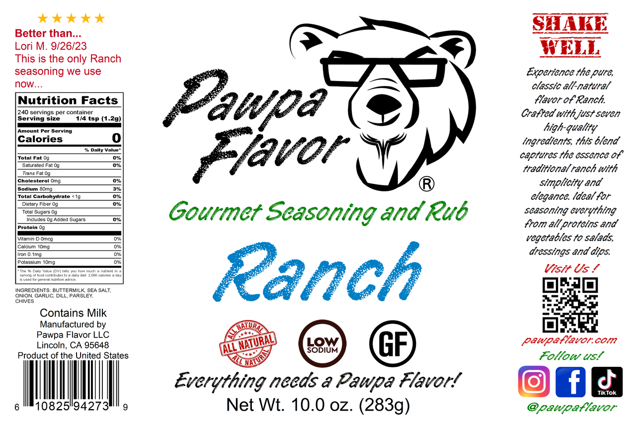 Pawpa Flavor Ranch seasoning and rub label with bear graphic and product details.