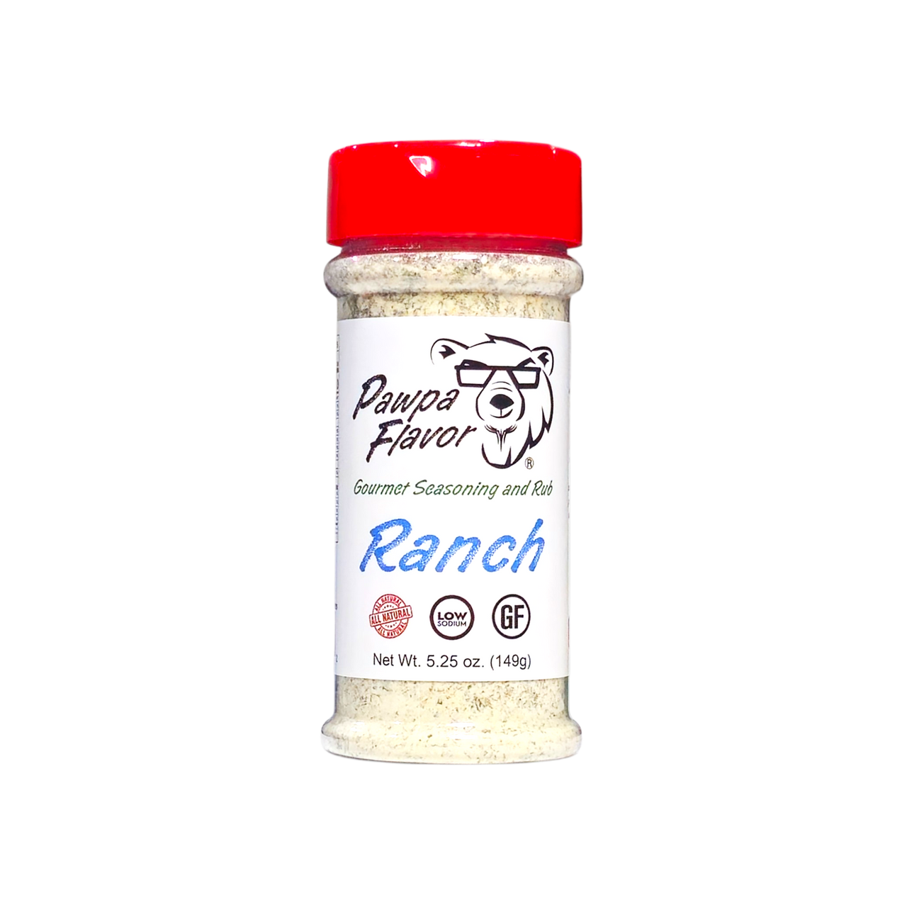 A bottle of Pawpa Flavor Ranch seasoning with a red cap and a label featuring a bear's face.