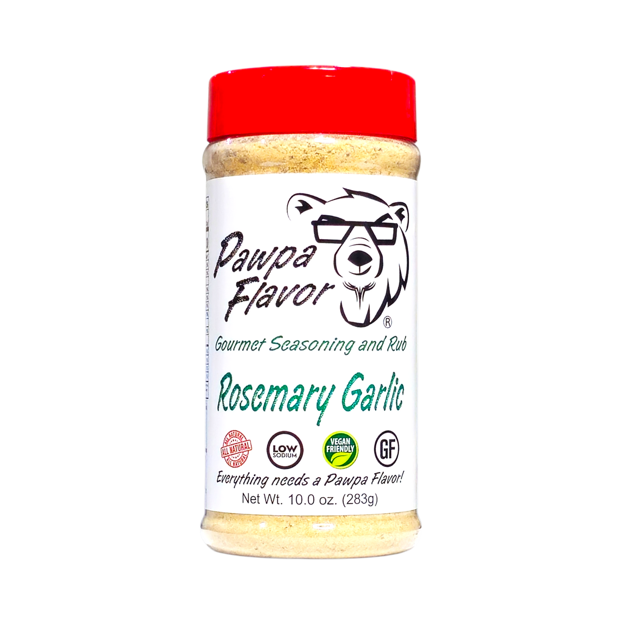 Pawpa Flavor Rosemary Garlic seasoning jar with a red cap on a white background