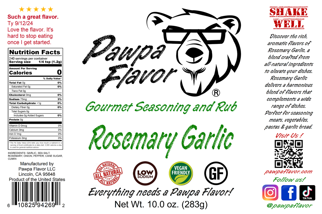 Pawpa Flavor Rosemary Garlic seasoning and rub label with bear graphic and product details on a white background.