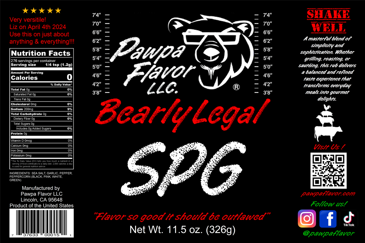 Pawpa Flavor LLC Bearly Legal SPG product label with bear graphic and text on a black background