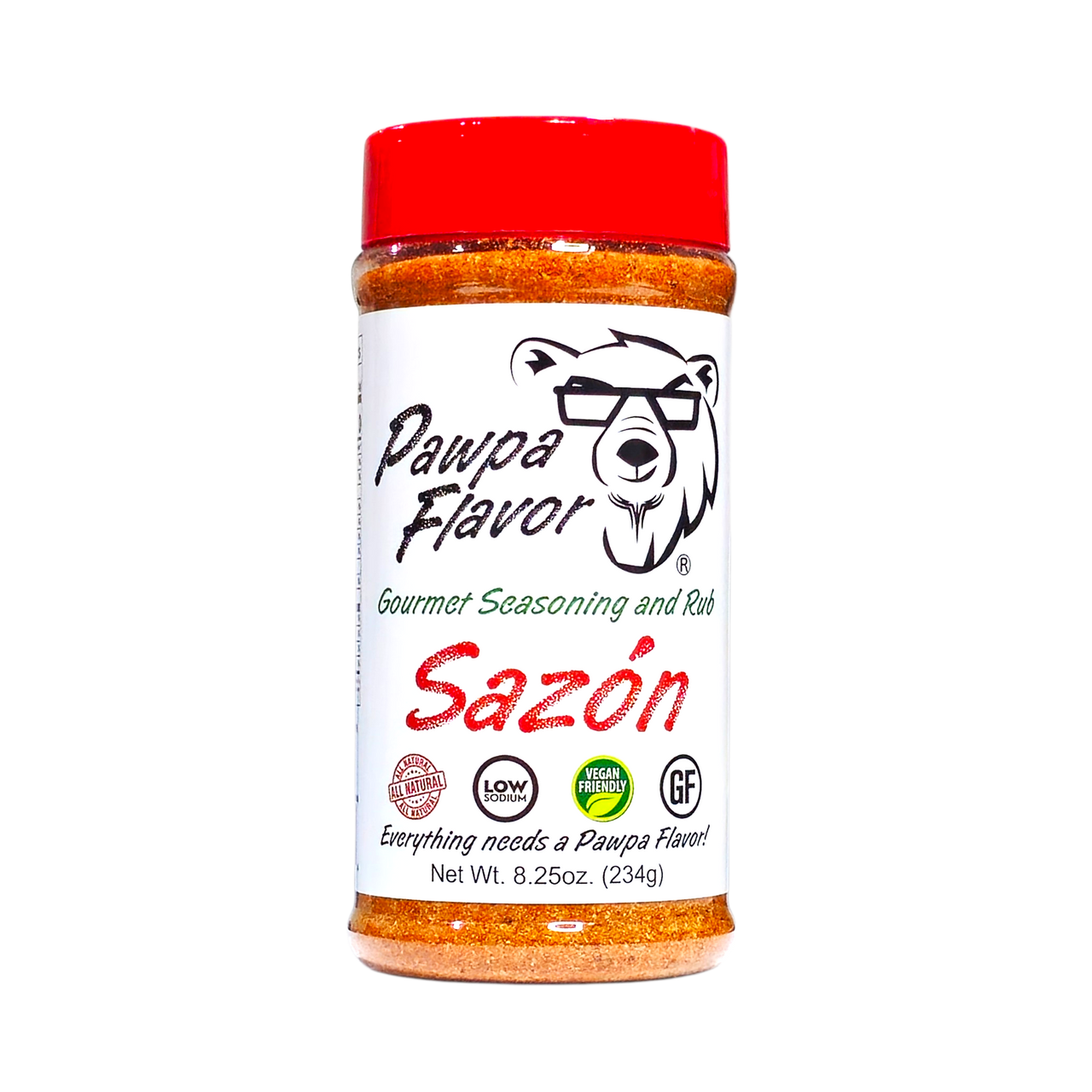 A jar of Pawpa Flavor Sazon seasoning and spices with a red lid and a label featuring a cartoon bear wearing glasses on a white background.