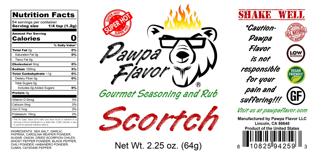 Pawpa Flavor Scorch seasoning and rub label with bear graphic and text.