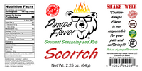 Thumbnail for Pawpa Flavor Scorch seasoning and rub label with bear graphic and text.