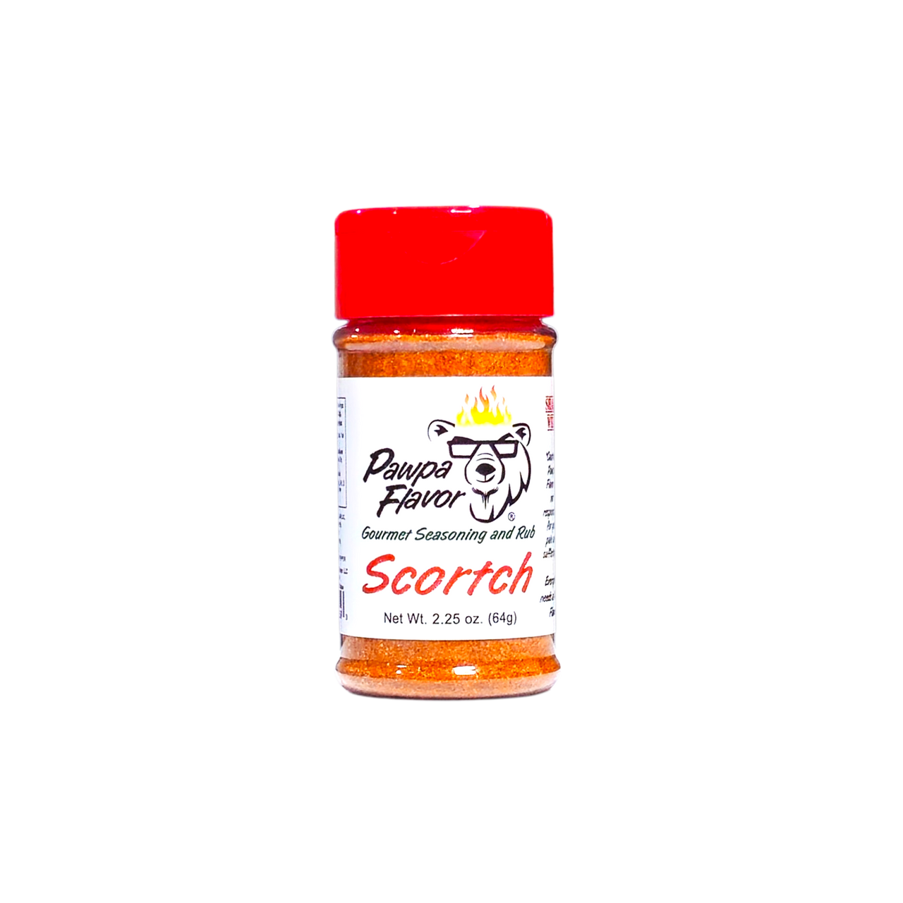 Bottle of Pawpa Flavor Scortch Seasoning in signature packaging, a bold, fiery spice blend crafted for intense heat.