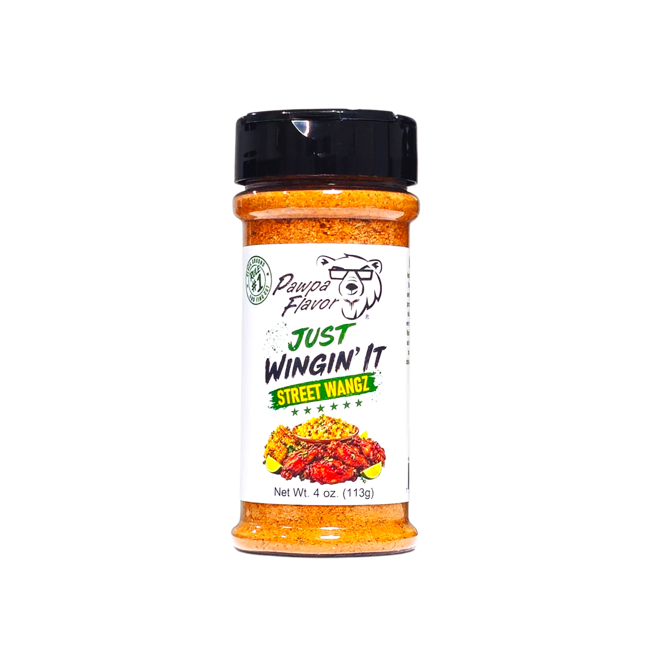 A bottle of Lab Series Just Wingin' It Street Wangz spice blend, featuring orange-red seasoning inside a clear plastic bottle with a black shaker cap and a white label.
