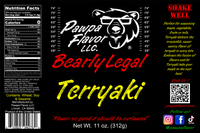 Thumbnail for Label for Pawpa Flavor Bearly Legal Terryaki with bear graphic and text on a black background