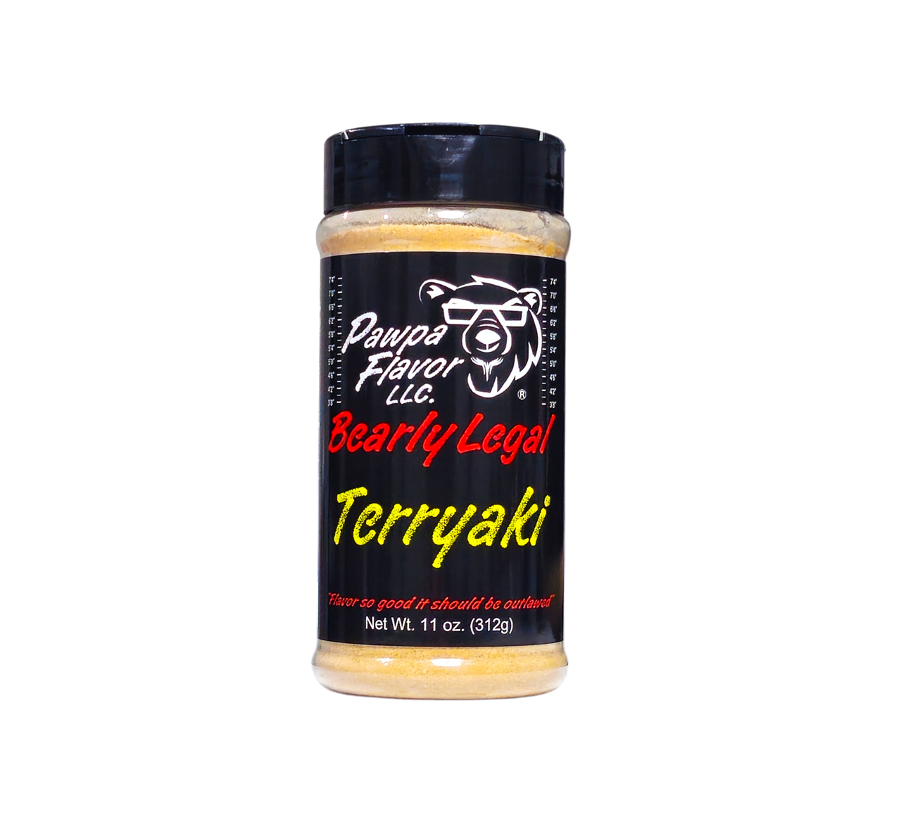 Bottle of Pawpa Flavor Bearly Legal Terryaki with bear graphic and text on a black background