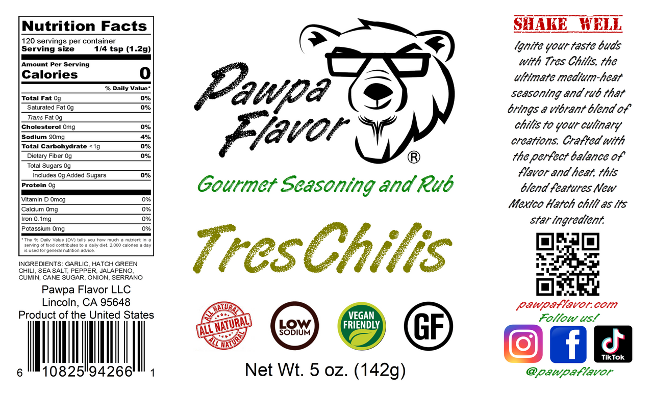 Pawpa Flavor Tres Chilis seasoning and rub label with bear graphic and branding elements.