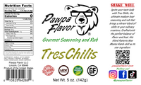 Thumbnail for Pawpa Flavor Tres Chilis seasoning and rub label with bear graphic and branding elements.