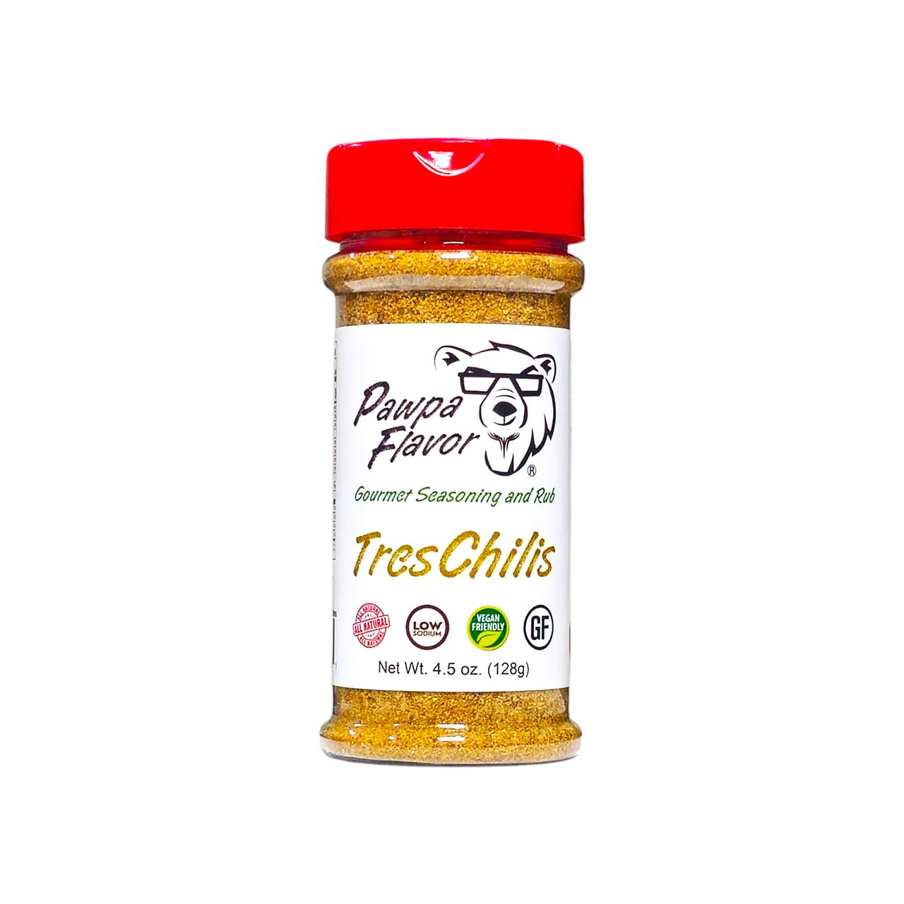 A bottle of Pawpa Flavor Tres Chilis seasoning with red cap on a white background