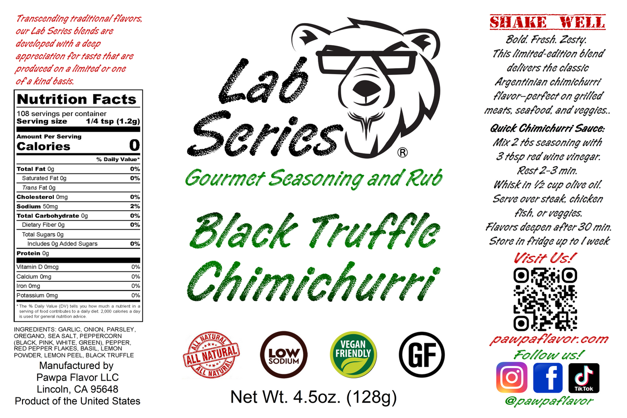 Pawpa Flavor Lab Series Black Truffle Chimichurri seasoning and rub label with bear graphic and nutritional information on a black background.
