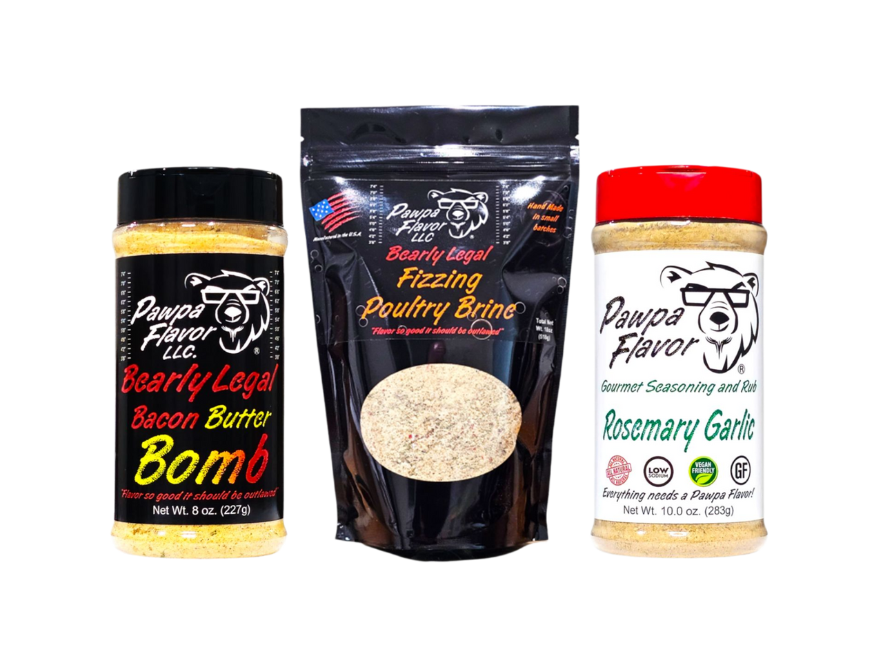 Three seasoning products from Power Flavor with labels on a white background. Pawpa Flavor Turkey & Taters bundle featuring Bearly Legal Bacon Butter Bomb, Fizzing Poultry Brine, and Rosemary Garlic seasonings.