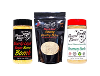 Thumbnail for Three seasoning products from Power Flavor with labels on a white background. Pawpa Flavor Turkey & Taters bundle featuring Bearly Legal Bacon Butter Bomb, Fizzing Poultry Brine, and Rosemary Garlic seasonings.