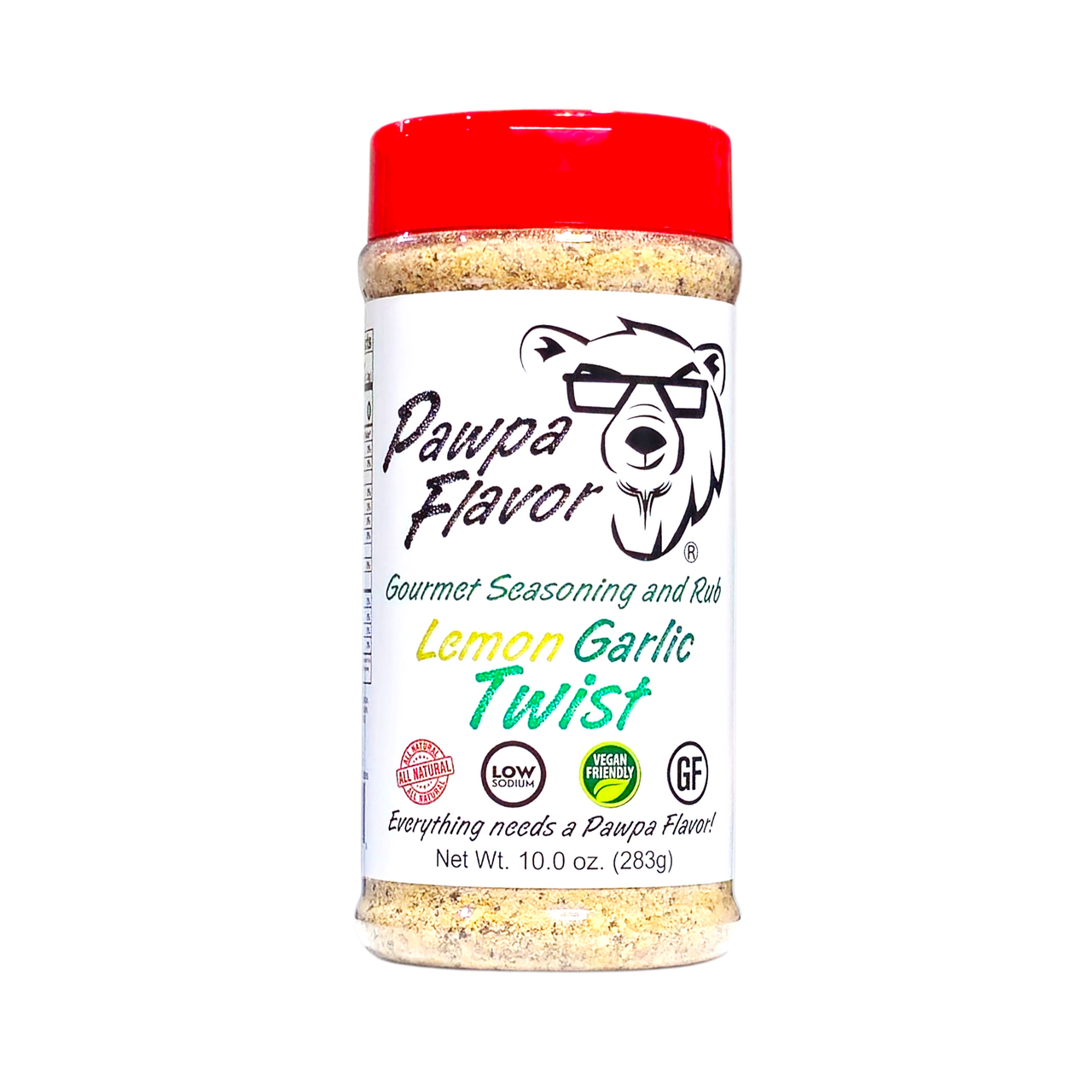 Bottle of Pawpa Flavor Lemon Garlic Twist seasoning in signature packaging, a bright blend of zesty lemon, lime and savory garlic.