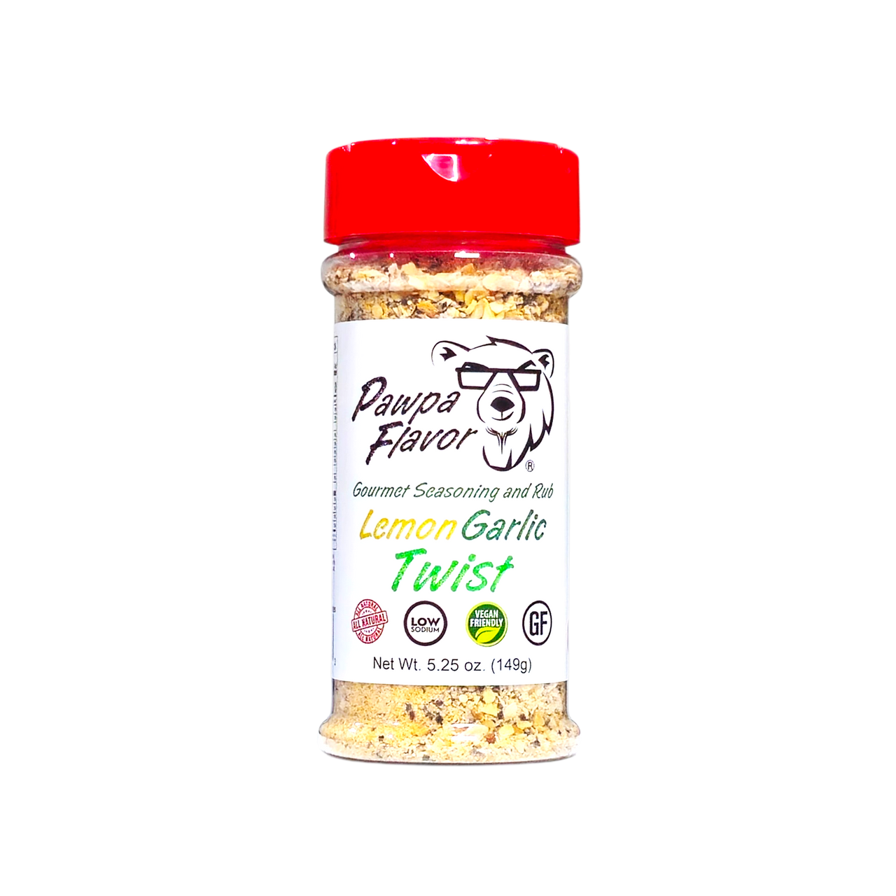 Bottle of Pawpa Flavor Lemon Garlic Twist seasoning in signature packaging, a bright blend of zesty lemon, lime and savory garlic.