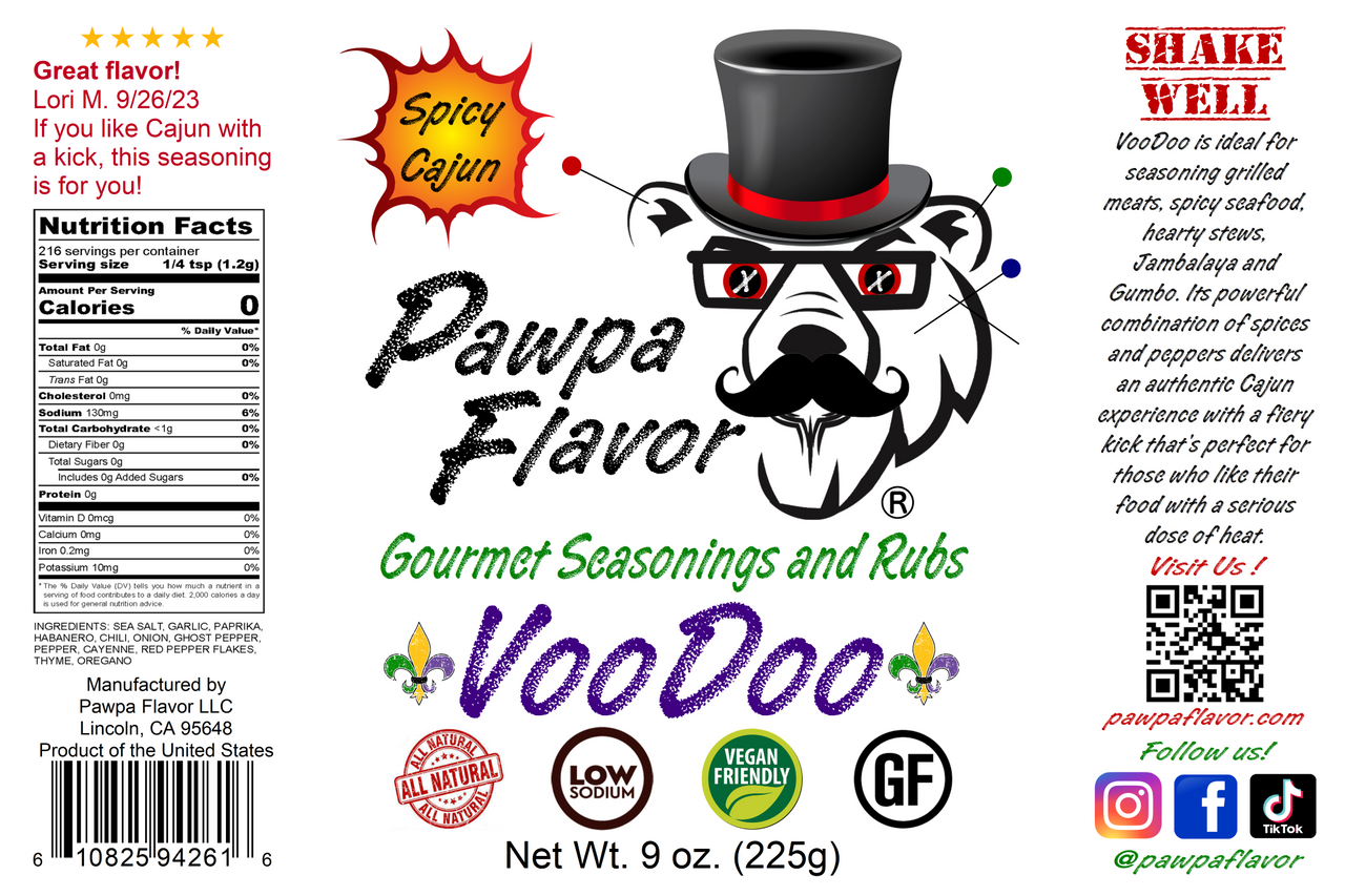 Pawpa Flavor VooDoo seasoning label with branding and product details on a white background.