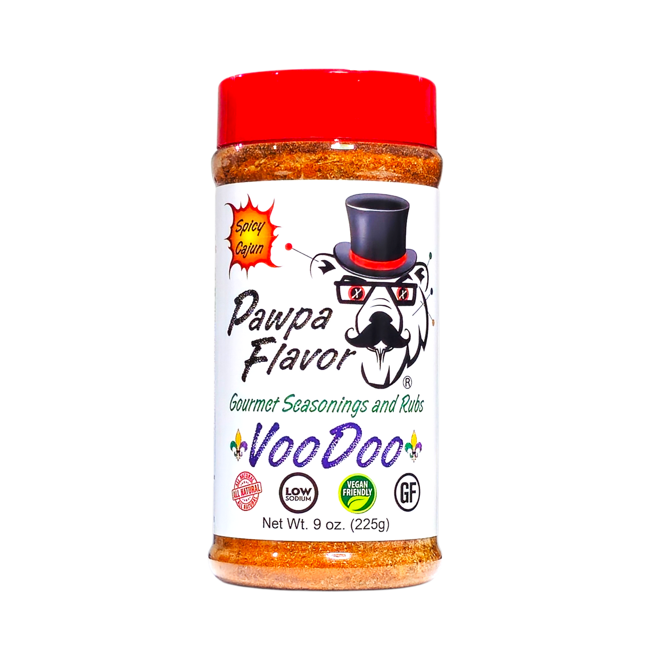 Pawpa Flavor VooDoo spice jar with red lid and white label featuring a cartoon bear and brand name on a white background