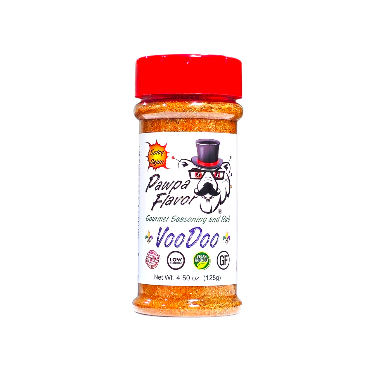 Pawpa Flavor VooDoo spice jar with red lid and white label featuring a cartoon bear and brand name on a white background
